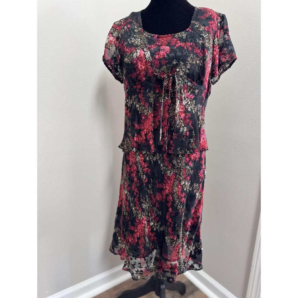 Robbie Bee 90s Velvet & Silk Dress Set Black Floral Sheath Dress Matching Jacket